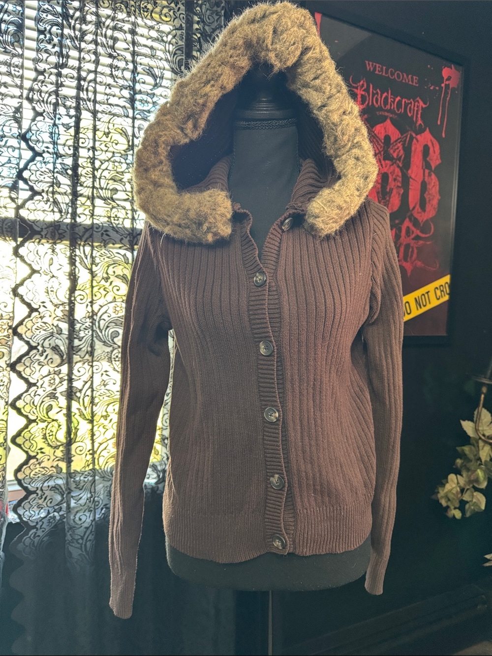 Hollister Dark Brown Ribbed Hooded Cardigan with Faux Fur Trim